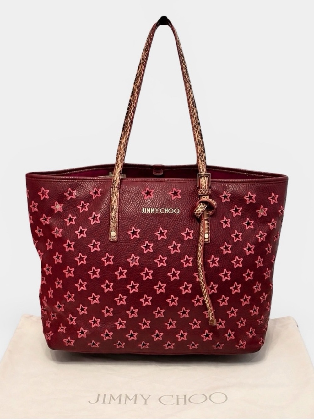 Jimmy Choo Sasha Star Burgundy Leather Tote Snakeskin Straps with Dust Bag